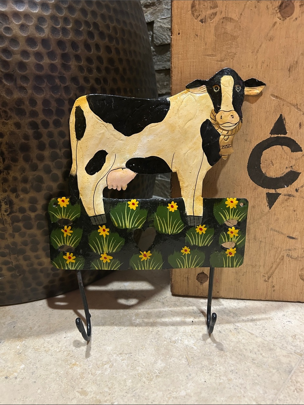 vintage hand-painted metal folk art Decorative Wall Hook featuring Holstein cow